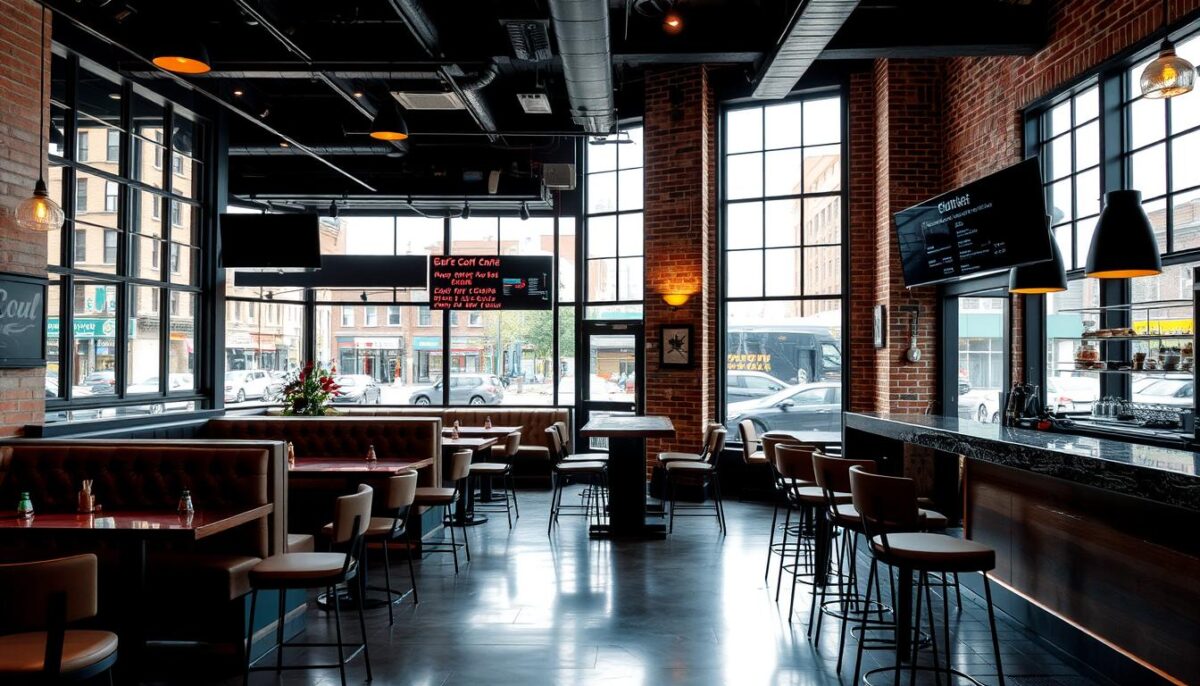 A modern, well-lit restaurant interior with a mix of seating options - cozy booths, sleek bar stools, and intimate tables. The focal point is a large window overlooking a bustling city street, casting natural light and creating a vibrant atmosphere. The decor features a blend of industrial and rustic elements, with exposed brick walls, polished concrete floors, and warm wooden accents. Strategically placed signage and menu displays subtly guide the customer's eye, while the overall layout maximizes the use of the available space. The image conveys a sense of energy and the potential for a memorable dining experience.