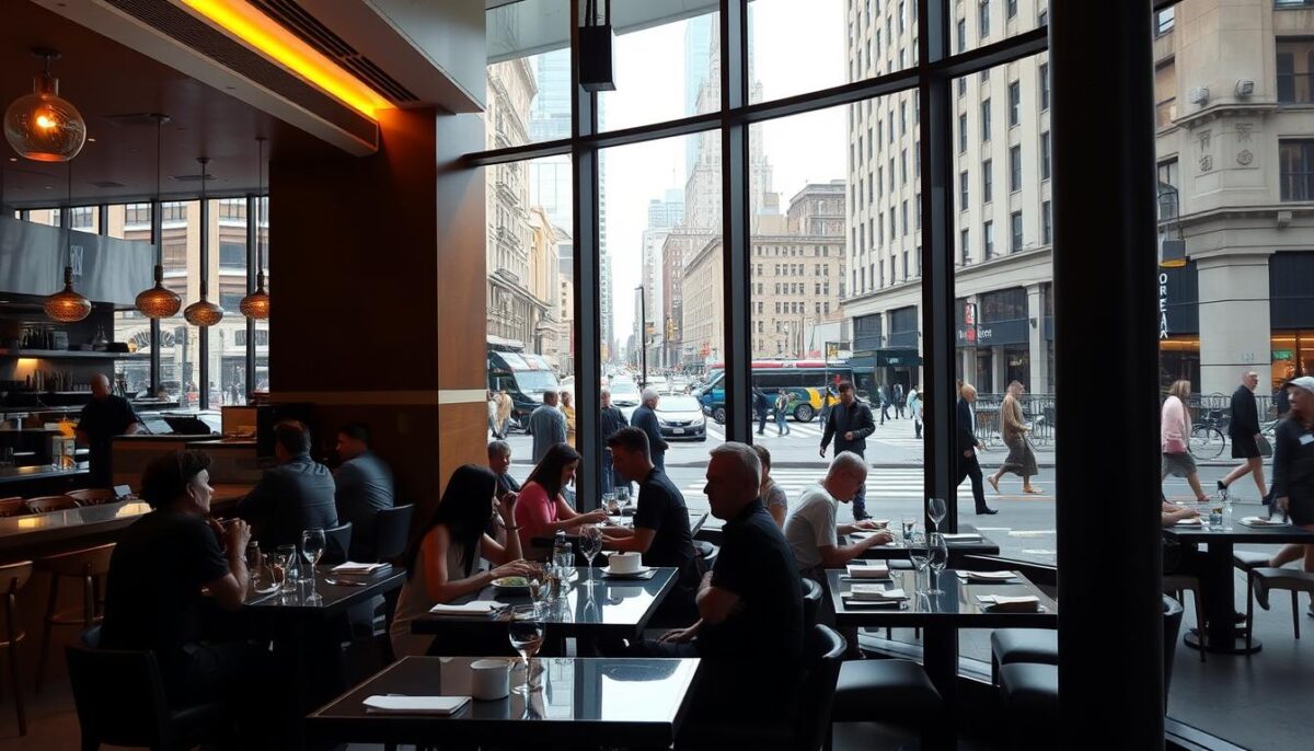 A modern, well-lit restaurant interior with large windows overlooking a bustling city street. The foreground features a group of diners enjoying their meals at a table by the window, capturing the lively atmosphere. The middle ground showcases the restaurant's design elements, including sleek furnishings, warm lighting, and an open kitchen. In the background, the view through the windows reveals the surrounding cityscape, with towering skyscrapers and people walking along the sidewalk, suggesting the prime location of the establishment. The scene conveys the importance of a restaurant's physical setting and its impact on the dining experience and, ultimately, its sales.