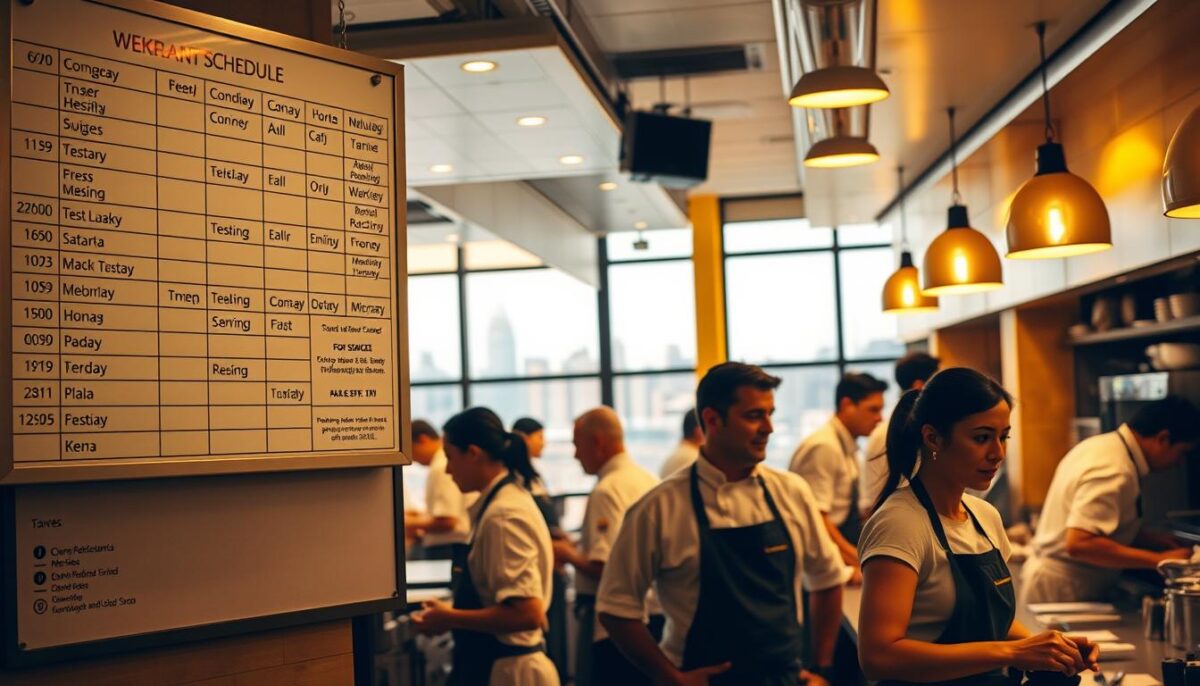 A well-lit restaurant kitchen, bustling with activity. In the foreground, a detailed schedule board displays shifts, breaks, and staff availability. Cooks and servers move efficiently around the space, their expressions focused yet calm. Warm yellow lighting casts a cozy glow, while large windows in the background reveal a picturesque city skyline. The atmosphere is one of professional organization and employee care, suggesting a workplace that prioritizes both productivity and staff wellbeing.