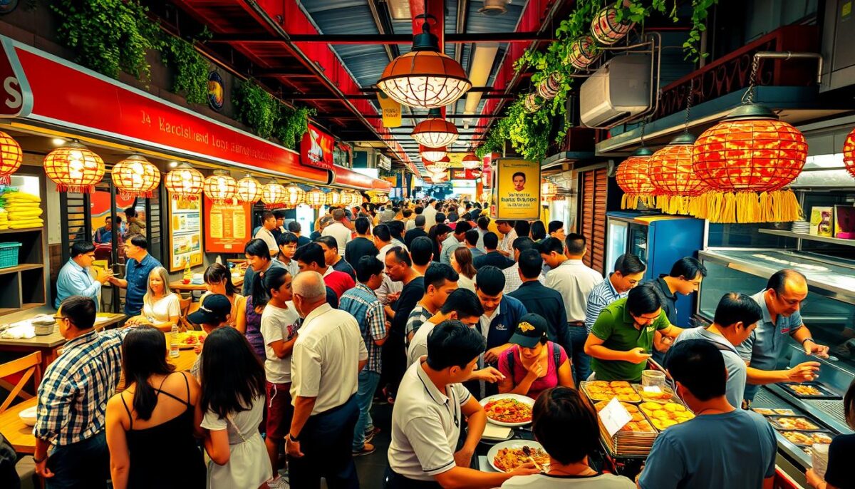 Generate an image of a bustling restaurant location with high foot traffic. Generate an image of a bustling restaurant location with high foot traffic.
