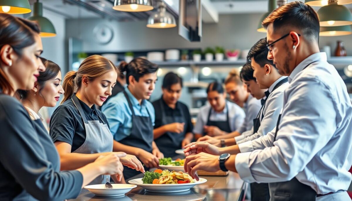 Generate an image of a restaurant staff training session